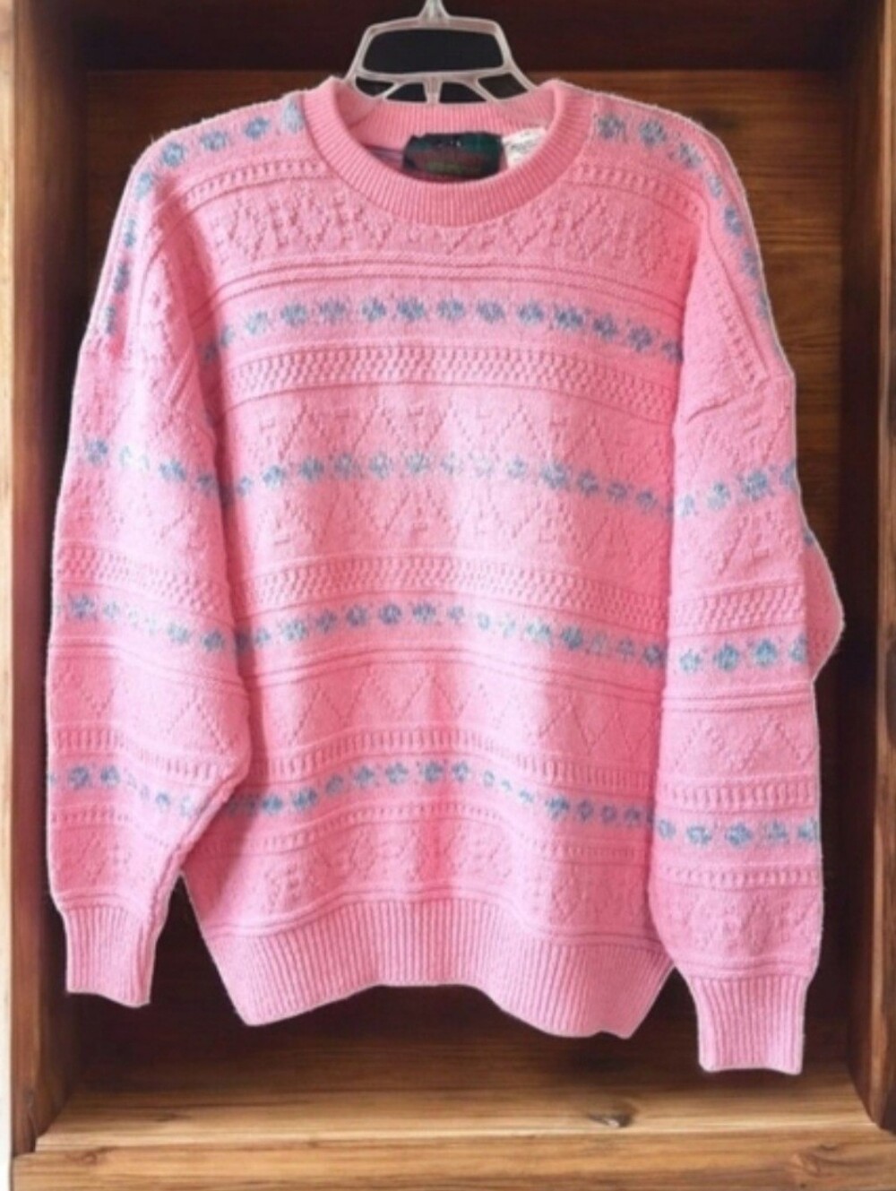 Parkhurst Vtg 80s 90s Pink Cotton Blend Crewneck Sweater with Light Blue Accents